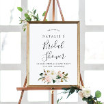 Poster Élégant Magnolia | Accueil de la Fête des mariées<br><div class="desc">Cette affiche élégante de bienvenue de la douche nuptiale brillante magnolia est parfaite pour un wedding shower moderne classe. La décoration florale douce est composée de pivoines roses vertes et aquarelles, de magnifiques fleurs de magnolia blanches et de coton avec de l'or et des feuilles verts dans un agencement luxueux....</div>