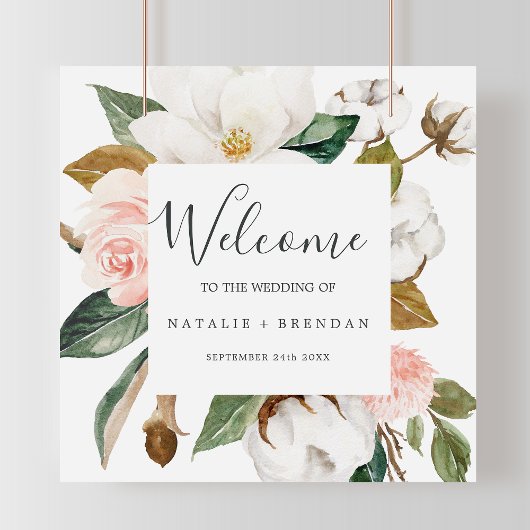 Poster Élégant Magnolia | Mariage de bienvenue blanc et b