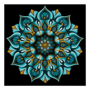 Poster Elégant Mandala bleu   Boho de géométrie sacrée   