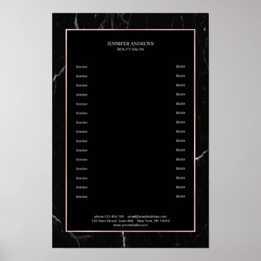 Poster Élégant marbre noir Rosegold Pricelist (Devant)