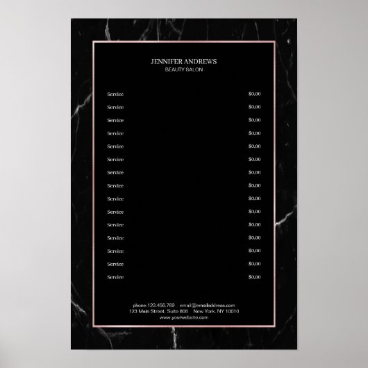 Poster Élégant marbre noir Rosegold Pricelist (Devant)