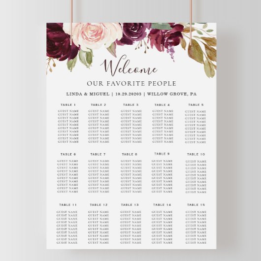 Poster Élégant Mariage Alphabétique Floral