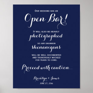 Poster Élégant Mariage bleu marine Open Bar Sign 8x10