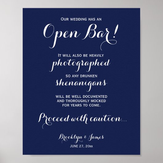 Poster Élégant Mariage bleu marine Open Bar Sign 8x10 (Devant)