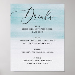 Poster Élégant mariage côtier Boissons aquarelle bleue