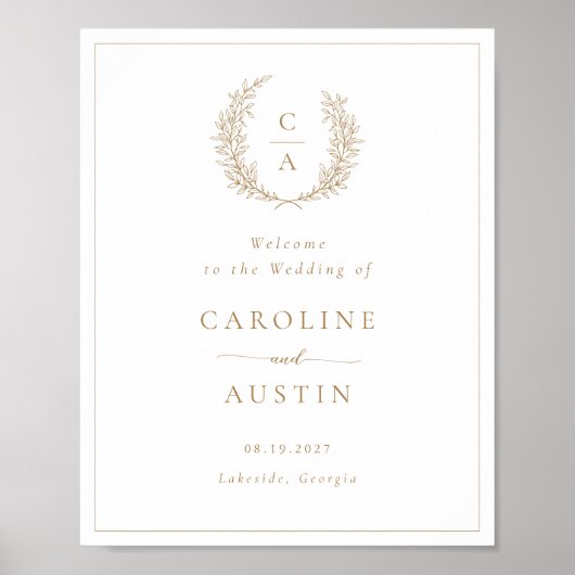 Poster Elégant Mariage de script Gold Wreath feuille (Devant)