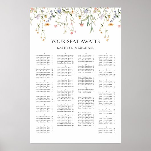 Poster Élégant Mariage Fleur sauvage Siège Alphabétique (Devant)