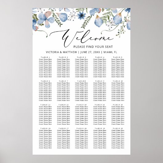 Poster Élégant Mariage floral bleu chic (Devant)