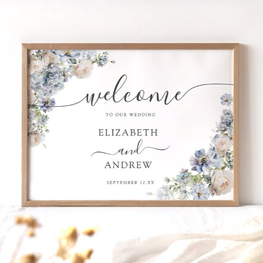 Poster Élégant Mariage Floral Bleu et Blanc