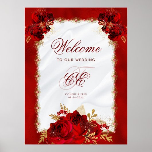 Poster Élégant Mariage Floral Rouge or (Devant)