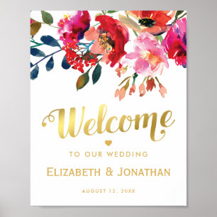 Poster Élégant Mariage Floral White Gold Welcome