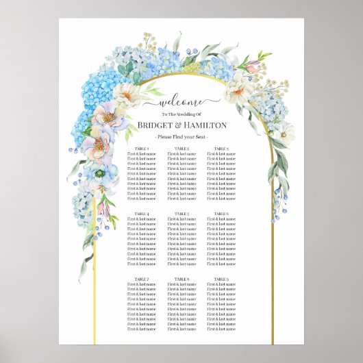 Poster Élégant Mariage Hydrangea Blue Carte de siège (Devant)