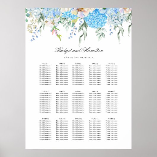 Poster Élégant Mariage Hydrangea Blue Carte de siège (Devant)