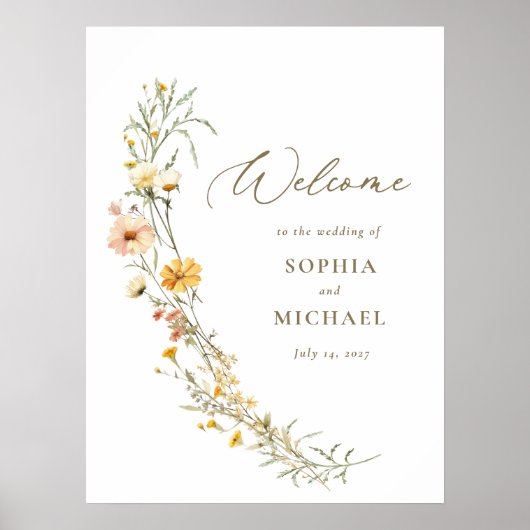 Poster Elégant Mariage Jaune Fleur sauvage Bienvenue (Devant)