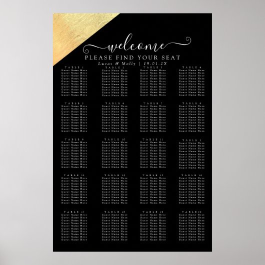 Poster Elégant Mariage moderne Black & Gold Foil Siège (Devant)