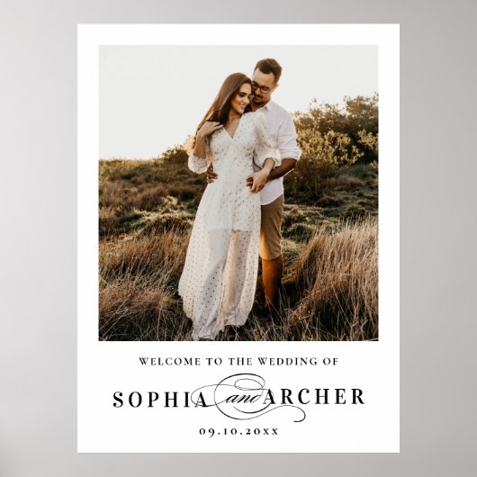 Poster Élégant mariage noir et blanc Bienvenue Script (Devant)