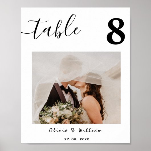 Poster Élégant mariage PHOTO Calligraphie Numéro de table (Devant)