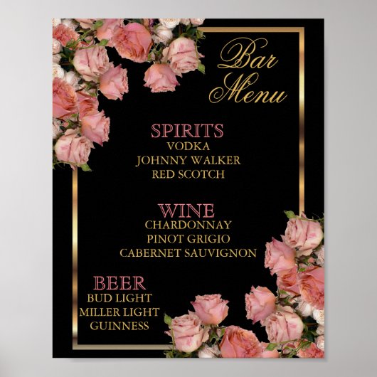 Poster Élégant Mariage rose Roses - Menu Bar (Devant)