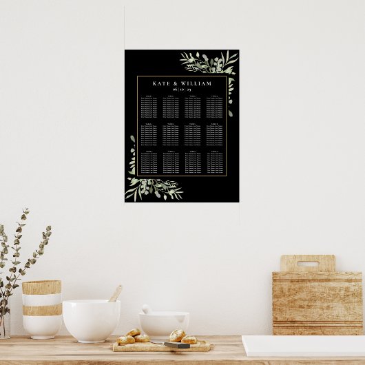 Poster Elégant Mariage Verdure Black Gold Seating Chart (Cuisine)
