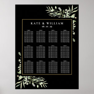 Poster Elégant Mariage Verdure Black Gold Seating Chart