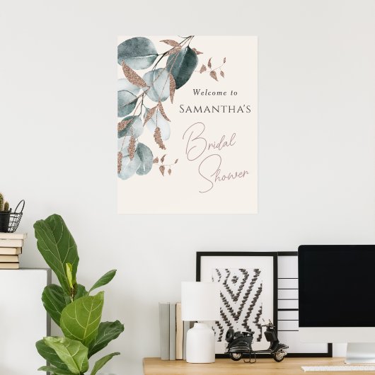 Poster Élégant Mariage Vert Feuilles Pailletées Bridal Sh (Bureau à domicile)