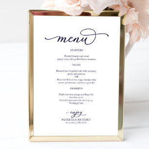 Poster Élégant Marine Bleu Script Mariage Menu Panneau