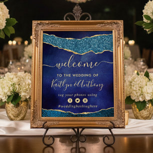 Poster Elegant Marine Blue & Gold Agate Mariage Bienvenue