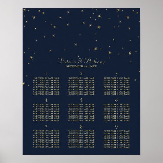 Poster Elégant Marine & Gold Falling Stars Siège Mariage (Devant)