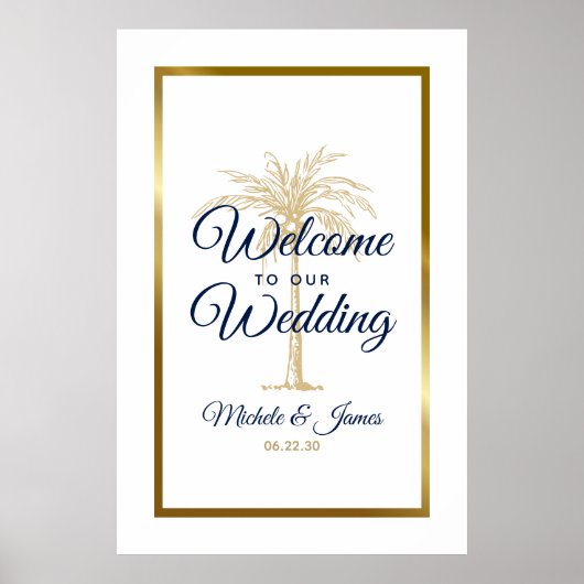 Poster Elegant Marine Gold Palm Tree Mariage Bienvenue (Devant)
