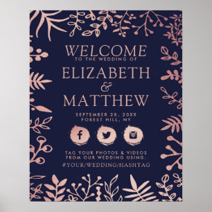 Poster Elégant Marine & Rose Gold Floral Mariage Bienvenu