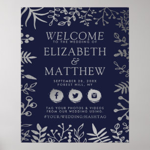 Poster Elégant Marine & Silver Floral Mariage Bienvenue