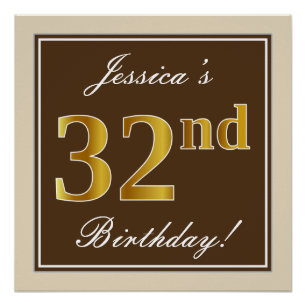 Poster Elégant, marron, doré faux 32e anniversaire + nom