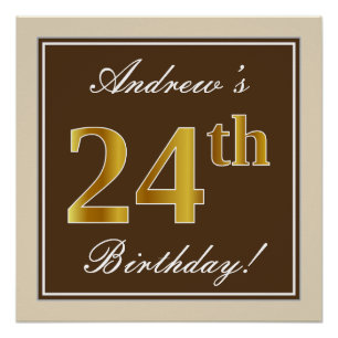 Poster Élégant, Marron, Or Faux 24e Anniversaire + Nom