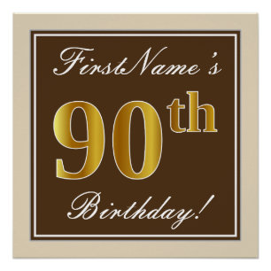 Poster Élégant, Marron, Or Faux 90e Anniversaire + Nom