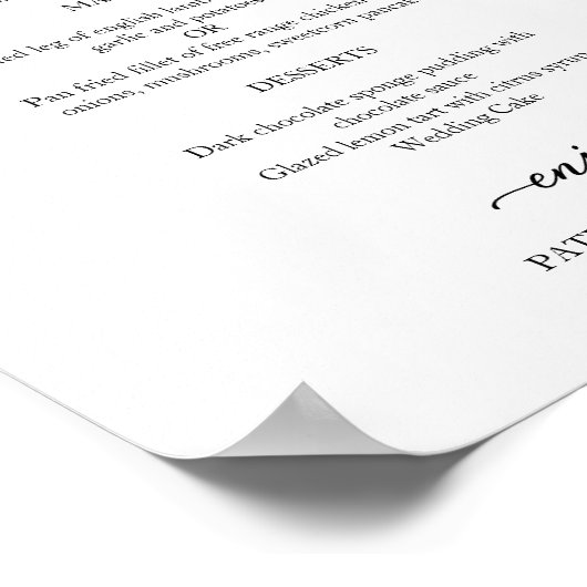 Poster Élégant menu Mariage de script noir et blanc (Coin)