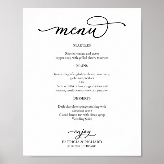 Poster Élégant menu Mariage de script noir et blanc (Devant)