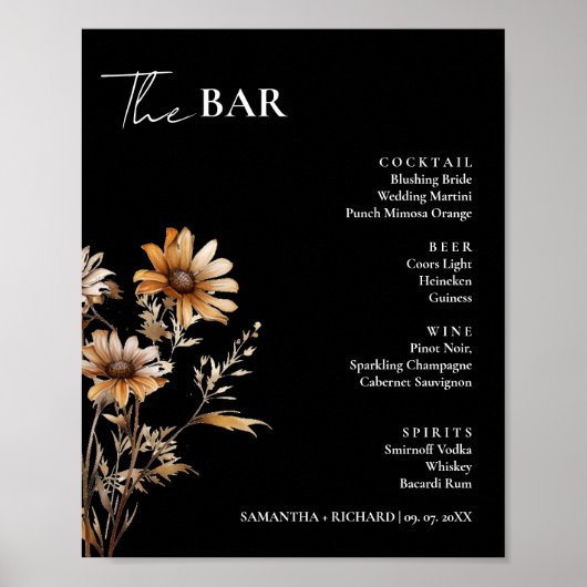 Poster Élégant menu Mariage Fleur sauvage Boissons Bar (Devant)