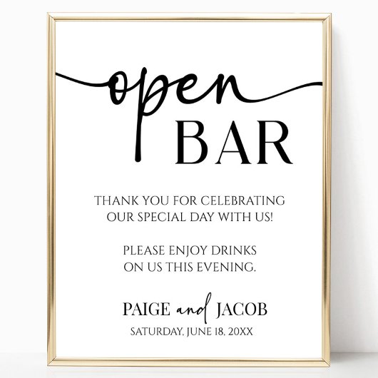 Poster Élégant minimaliste moderne Mariage Open Bar Sign