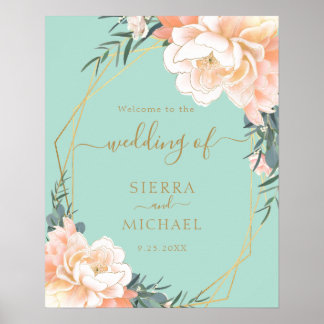 Poster Elégant Mint Green Gold Blush Peach Floral Mariage