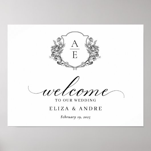 Poster Élégant Monogram Crest Mariage de bienvenue (Devant)