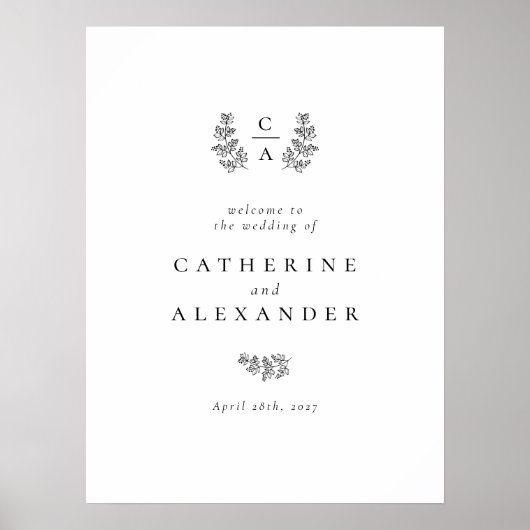 Poster Élégant monogramme botanique Mariage initial (Devant)