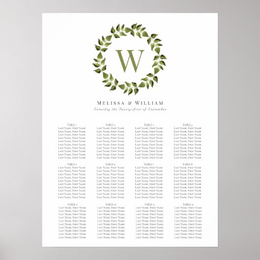 Poster Élégant Monogramme de couronne Mariage vert Siège (Devant)