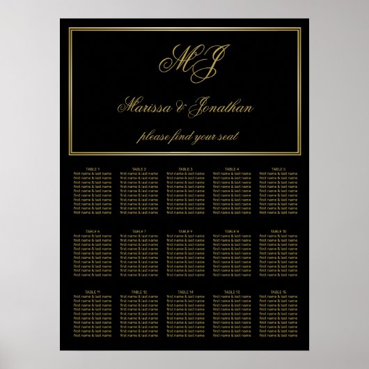 Poster Élégant Monogramme d'or noir Mariage de script Siè (Devant)