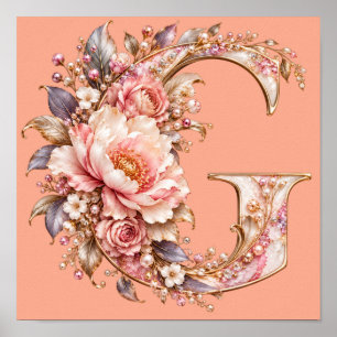 Poster Élégant Monogramme Lettre G Fleur de Pivoine Rose
