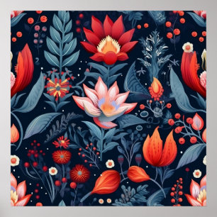 Poster Élégant motif botanique rouge bleu sarcelle minuit