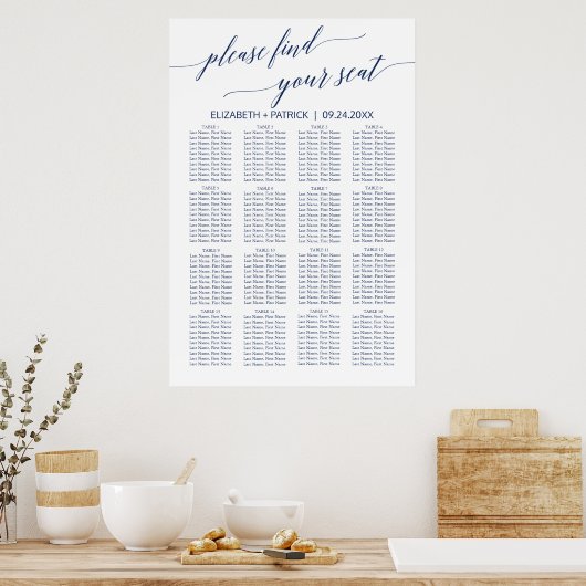 Poster Elegant Navy Calligraphy Seating Chart (Cuisine)