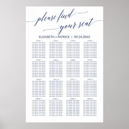 Poster Elegant Navy Calligraphy Seating Chart (Devant)