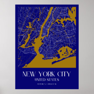 Poster Elégant New York City Map - Blue & Gold Urban