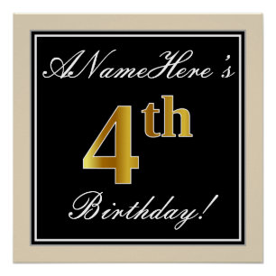 Poster Élégant, Noir, Doré Faux 4e Anniversaire + Nom