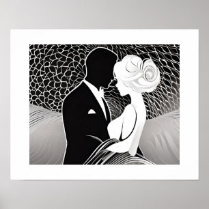 Poster Élégant noir et blanc amoureux couple Embrasser